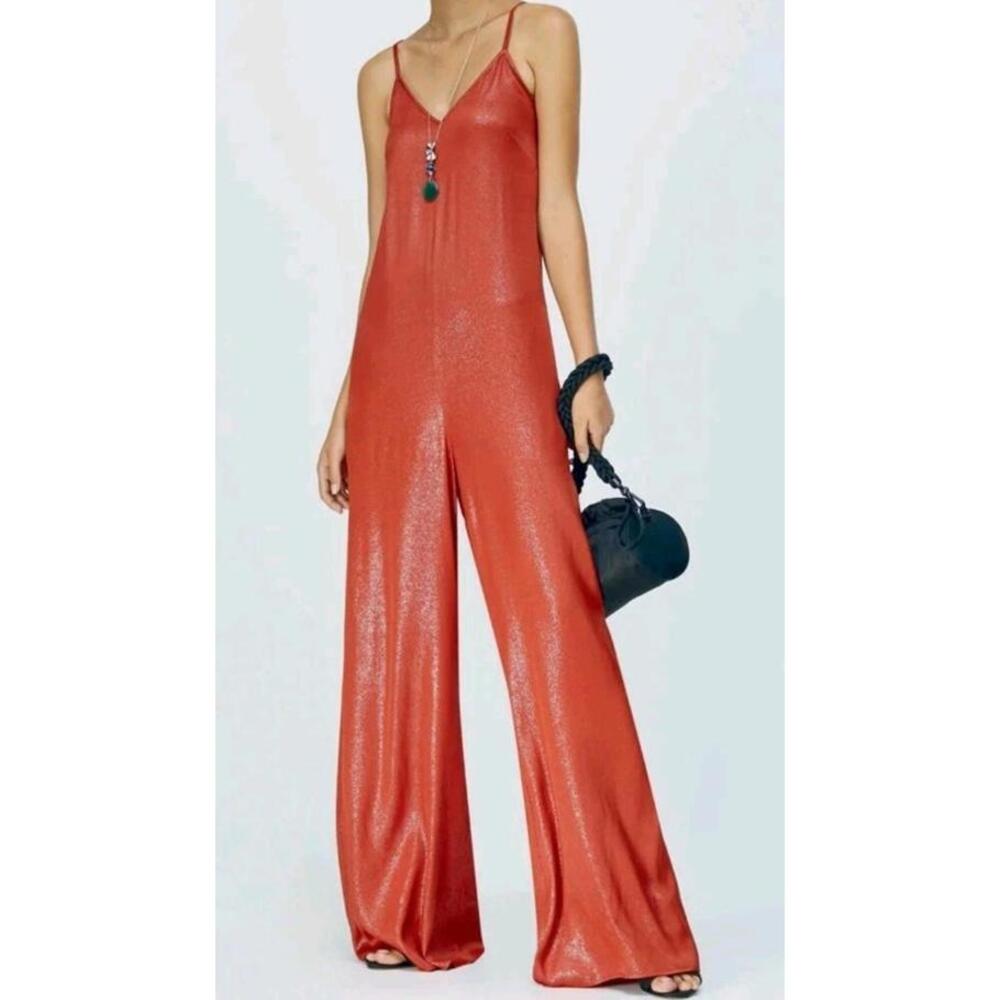 Max Mara Sparkle Wide Leg Jumpsuit 8 Red Pockets Stretch Max & Co
